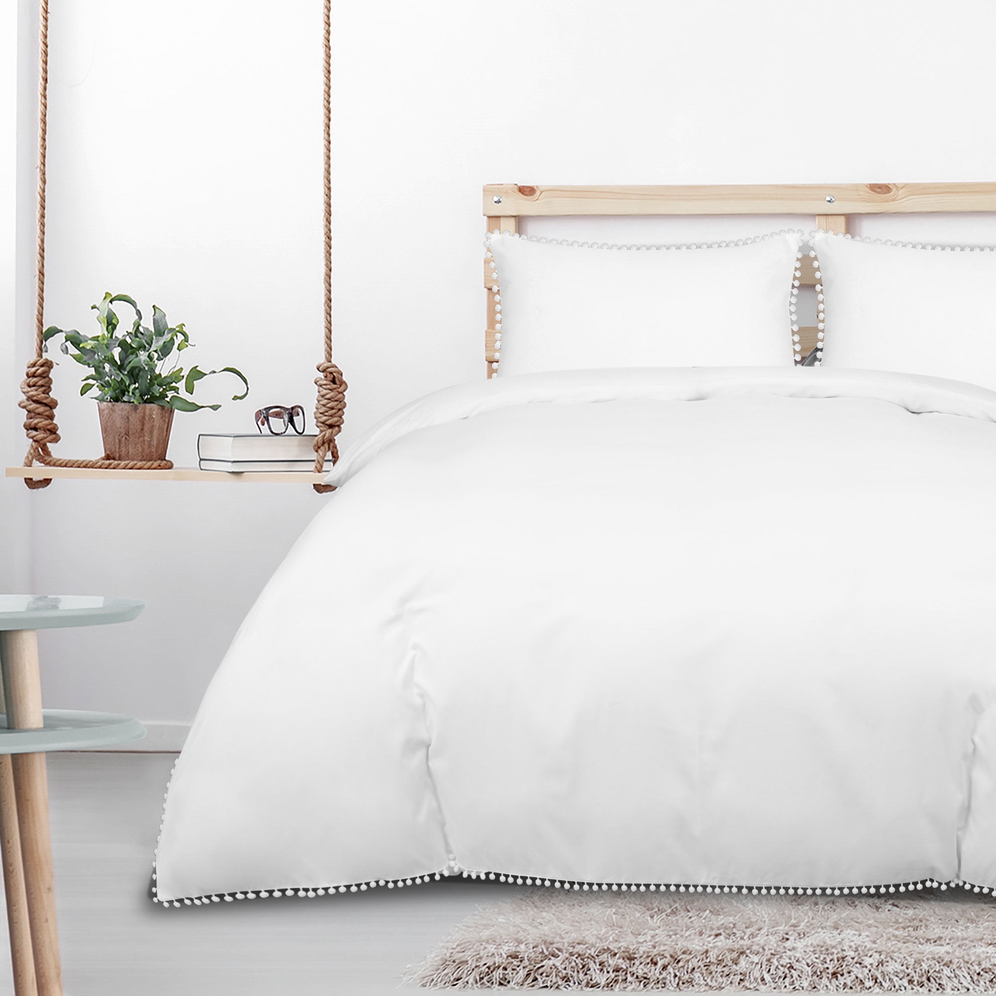 Unique Bargains 3 Pieces Pompoms Duvet Cover Bedding Set Queen White