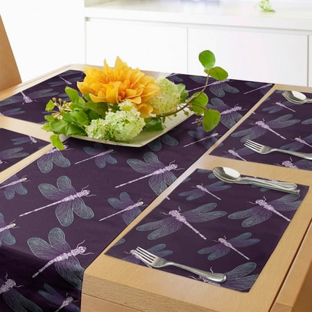 

Dragonfly Table Runner & Placemats Tropical Insect with Ornate Wings on Dark Purple Backdrop Set for Dining Table Decor Placemat 4 pcs + Runner 16 x72 Dark Purple Aqua Lilac by Ambesonne