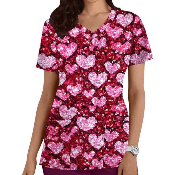 TaTaai Women's Valentine's Day V Neck Casual Top, Abstract Heart Print Short Sleeve Blouse with Pockets, Lightweight Holiday Gift Shirt for February Romance Gift