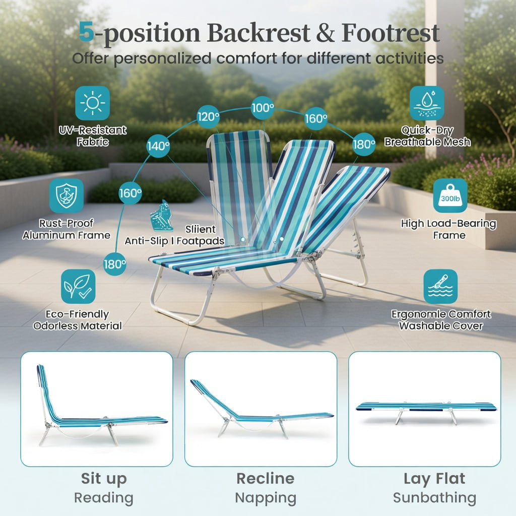 Hommoo 2-Pack Adjustable 5-Position Lay-Flat Beach Lounge Chairs with Carry Strap, Heavy-Duty 600D Oxford & Steel Frame, Blue