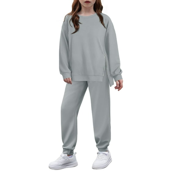 Arshiner Girls 2 Piece Outfits Tracksuits Casual Crewneck Sweatshirts Side Zipper Pullover and High Waisted Sweatpants Set