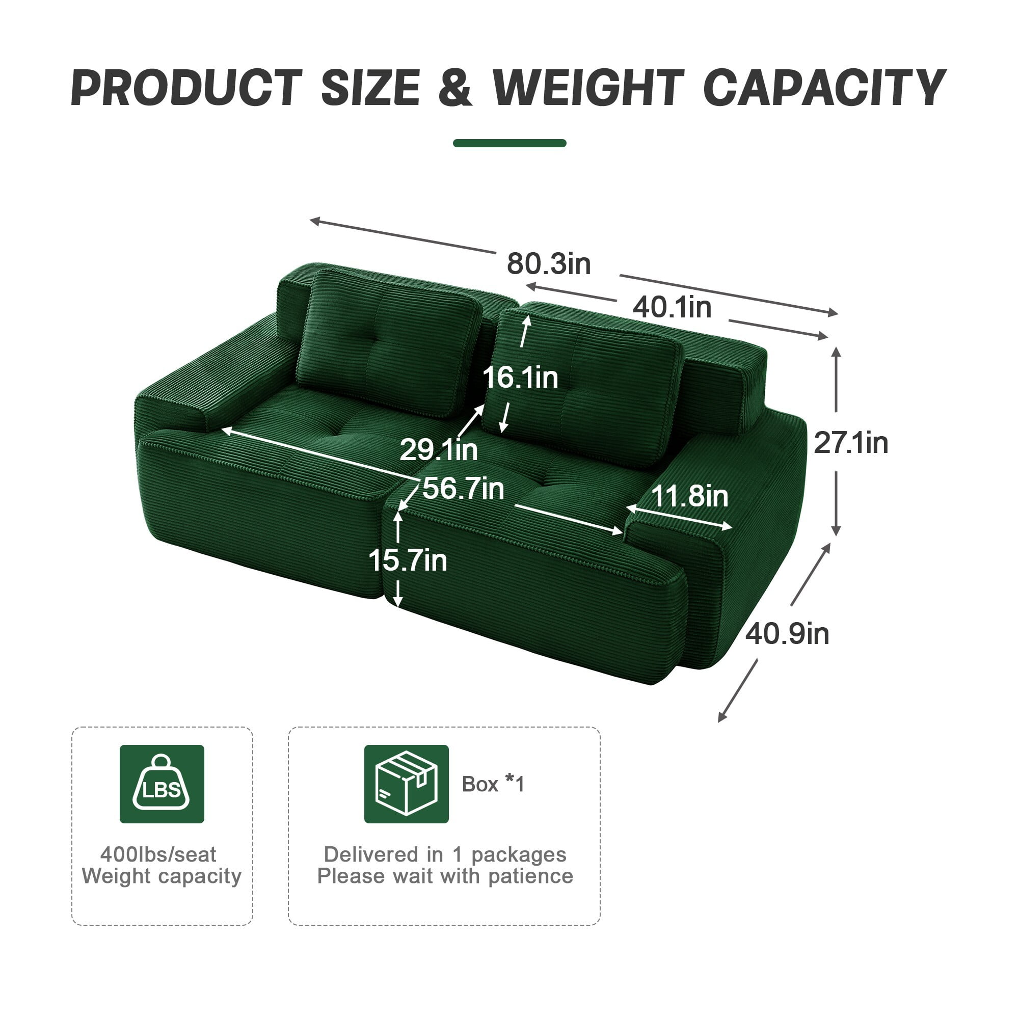 DEALTOPS Oversized Corduroy Loveseat, Sponge Filler Deep Seat 2-Seater Sofa for Living Room, No Assembly Needed, Green