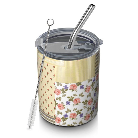 12oz Coffee Tumblers Pioneer Flower Floral Print Pattern Stainless Steel Vacuum Insulated Travel Tumbler Coffee Cups Mug with Lid and Straw with Cleaning Brush for Cold & Hot Drinks