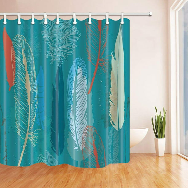 Artjia Birds Feather Watercolor, Turquoise Feather Shower Curtains