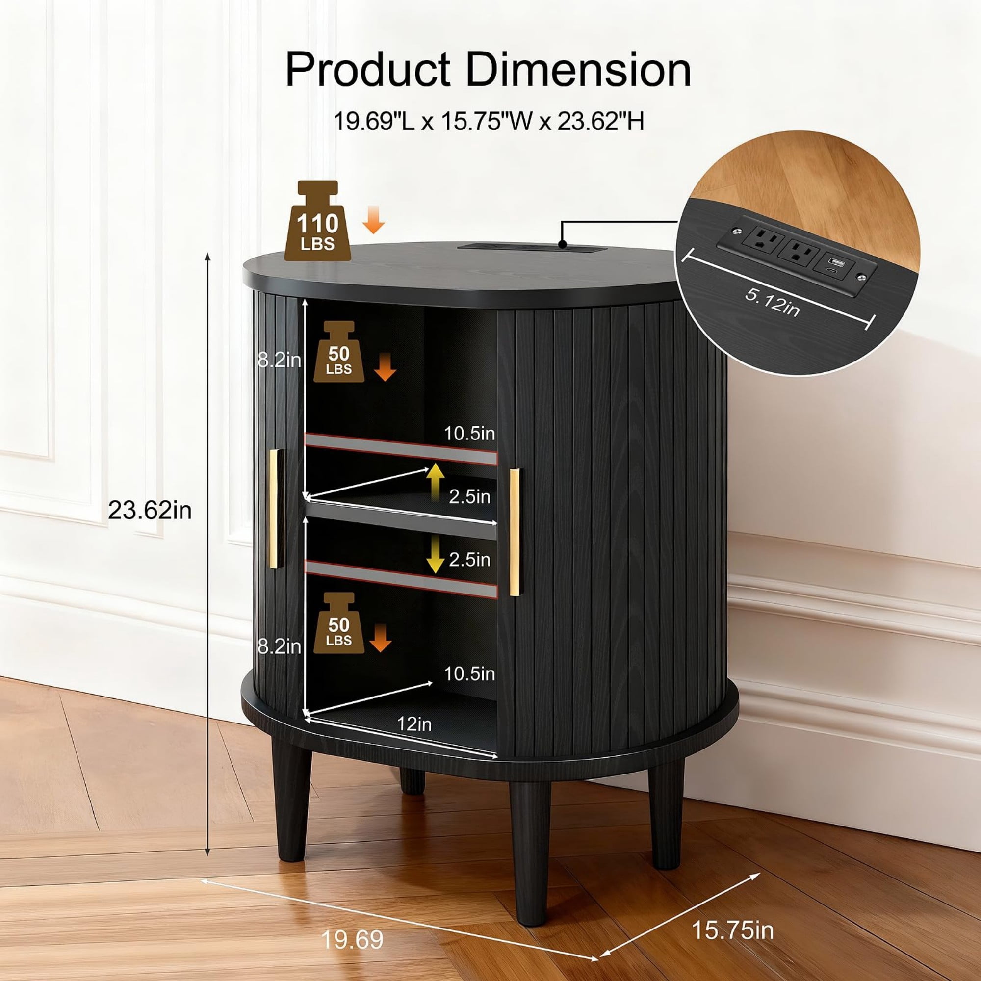 Mid Century Modern Nightstand with Charging Station, Fluted Side Table with Sliding Door & Adjustable Shelf, Black