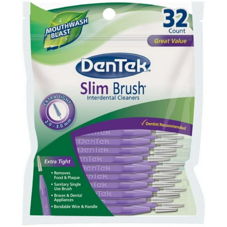 DenTek Slim Brush Interdental Cleansers, Extra Tight, Mouthwash Blast 32 ea (Pack of