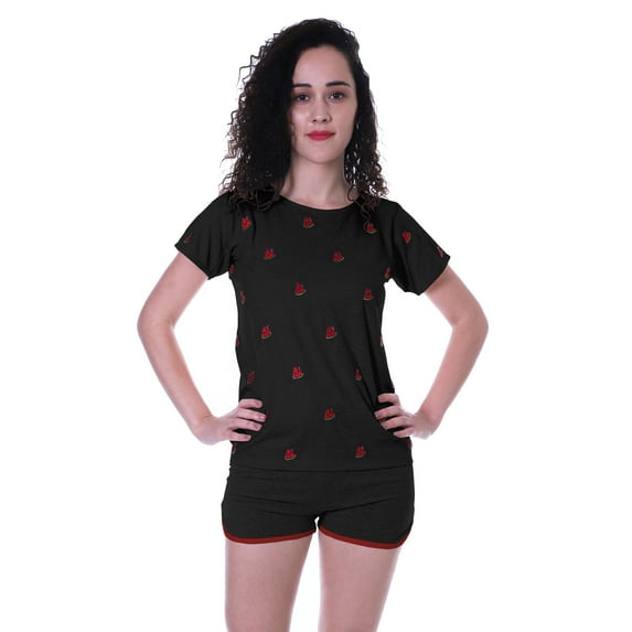 Moomaya Nightwear Set Watermelon Embroidery Shorts Plain Cotton Sleepwear 2 Pcs