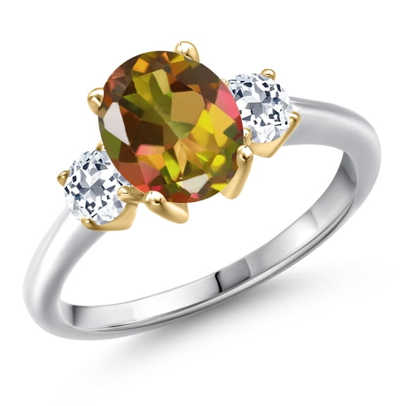 Gem Stone King 925 Silver and 10K Yellow Gold Mango Mystic Topaz and White Topaz Engagement Ring for Women | 2.66 Cttw | Oval 9X7MM | Gemstone November Birthstone | Size 6