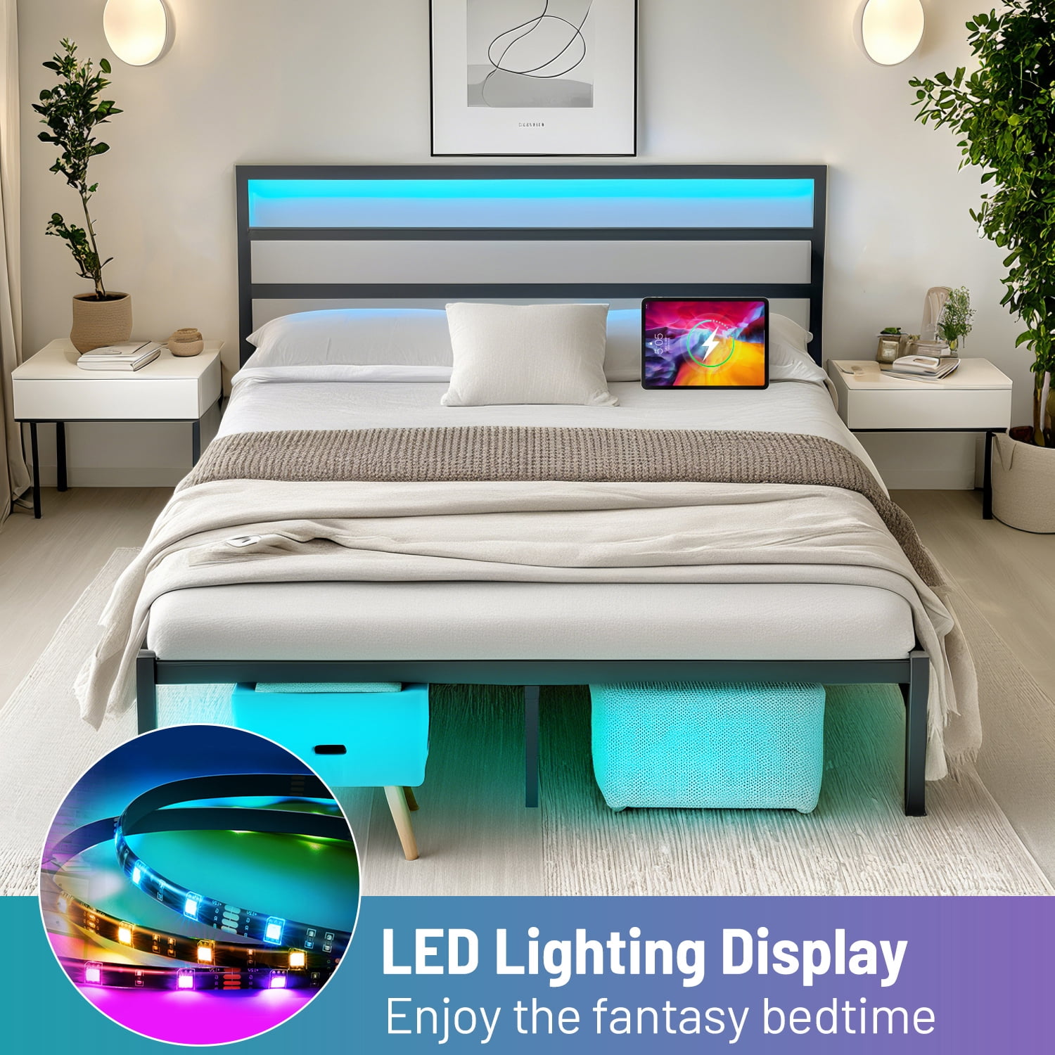 Chuangshuo Guard Full Size Bed Frame with LED Storage Headboard Shelf, Noise-Free, Metal Platform Bed, Black