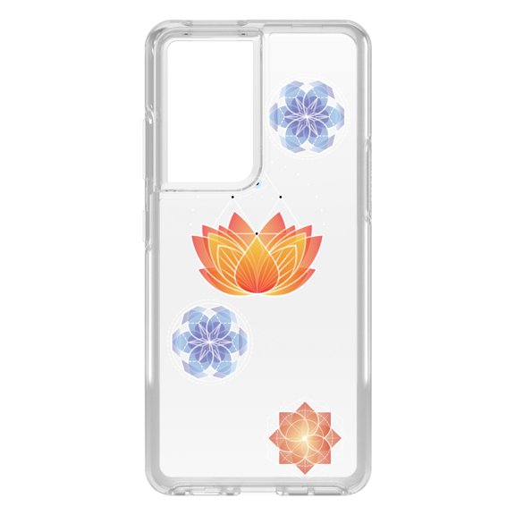 DistinctInk Clear Shockproof Hybrid Case for Galaxy S21 ULTRA 5G (6.8" Screen) - TPU Bumper, Acrylic Back, Tempered Glass Screen Protector - Lotus Flower and Mandalas
