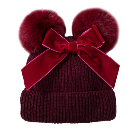 

wsevypo Kids Pompom Beanie Hat Bowknot Warm Stretchy Winter Cap Solid Color Knitted Beanie Hat