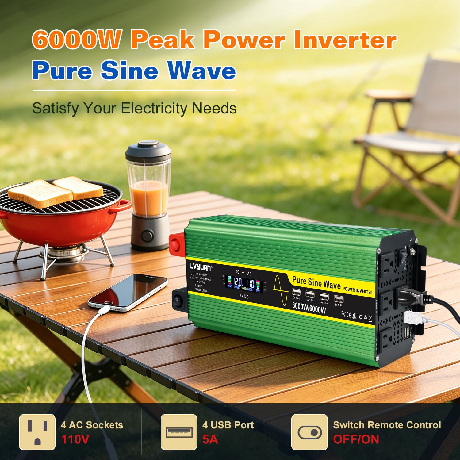 LVYUAN 3000W Pure Sine Wave Power Inverter 6000W Peak DC 12V to AC 110V Car Converter with LCD Display, Remote Control, 4 AC & 4 USB Ports, for Car, RV, Truck, Camping, Off-Grid, Home Backup Green