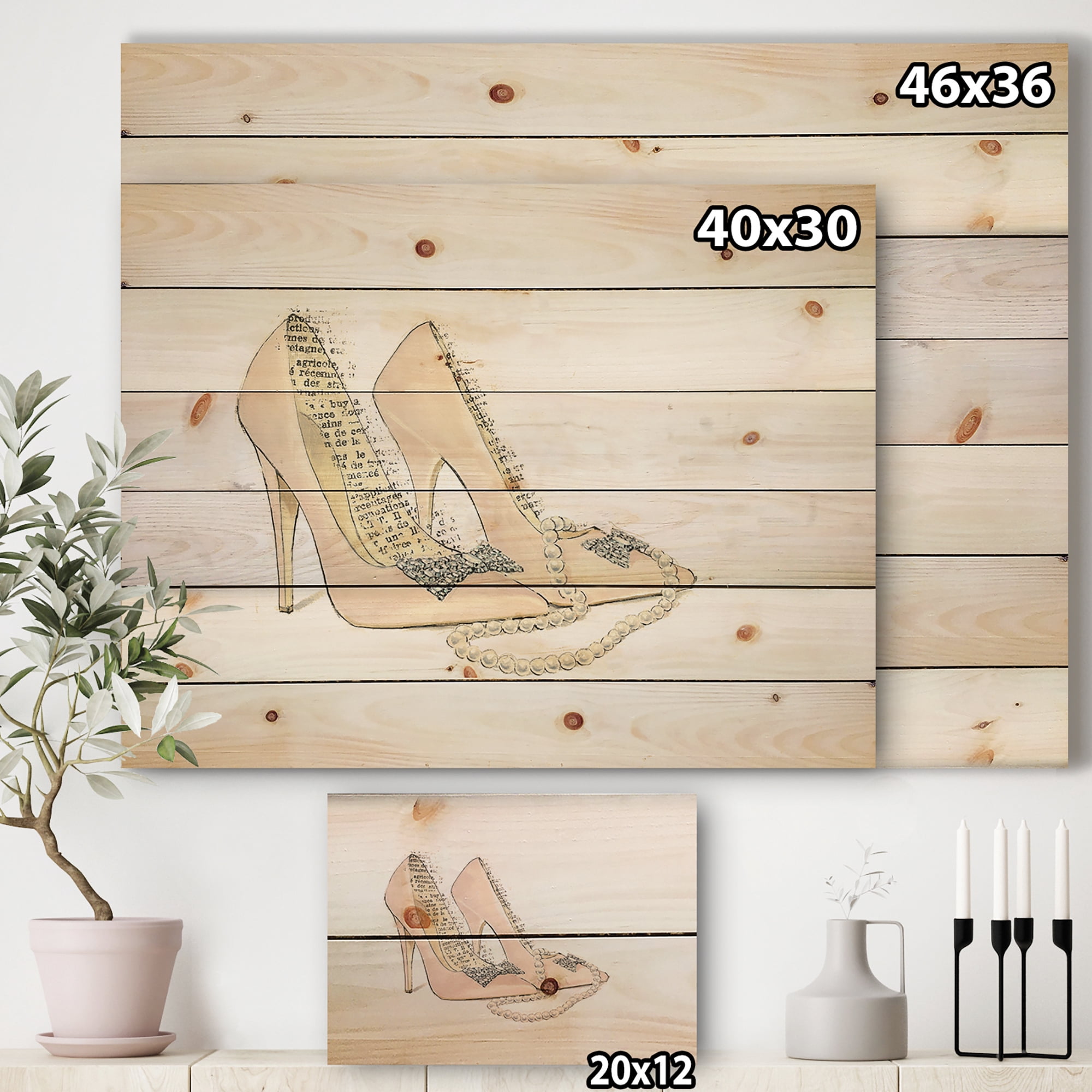 Designart 'Glamorous Black Diamond Stiletto Shoes III' Fashion Print on Natural Pine Wood