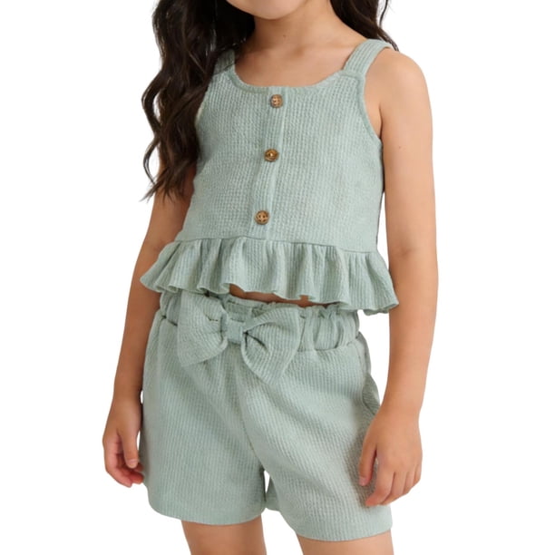 Conjunto de Mesa Redonda Niñas de Moda Casual Manga Corta Cuello Redondo Botón Pantalones Cortos Impresos Conjuntos para Viajes Diarios Casa Conjunto de Pantalones para Niñas de Vacaciones