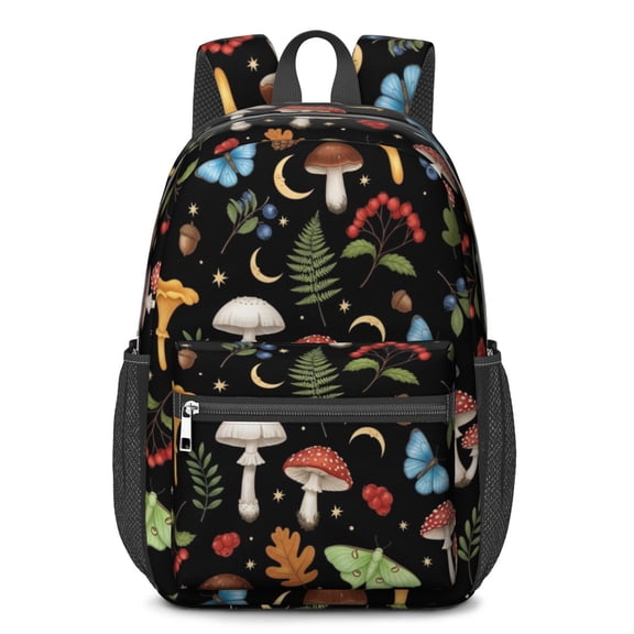 Mushroom and Butterfly Black Pattern 17" School Backpacks for Teens,Waterproof Oxford Fabric,S-Shape Padded Straps for School,Travel,Hiking,Camping