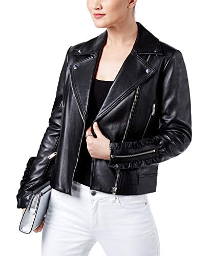 Michael Kors Womens Knit Collar Moto Leather Jacket  Zooloo Leather