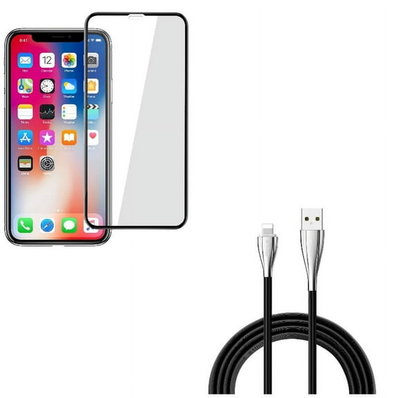 iPhone XS/X - Tempered Glass Screen Protector w Charger Cord 10ft USB Cable - 5D Touch Curved Edge Full Cover Bubble Free Case Friendly 9H Hardness, Power Wire Long Sync Fast Charge Data