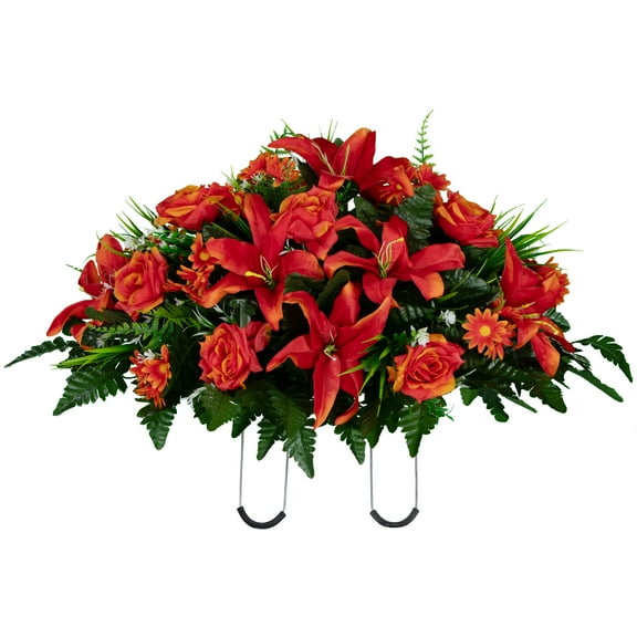Sympathy Silks Artificial Cemetery Flowers Fire Red Lily Rose and Daisies Saddle