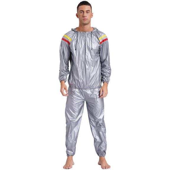 MSemis Men's Sauna Suits Two Piece Hooded Long Sleeve Sweat Top and Pants Workout Tracksuit Type A Silver XL