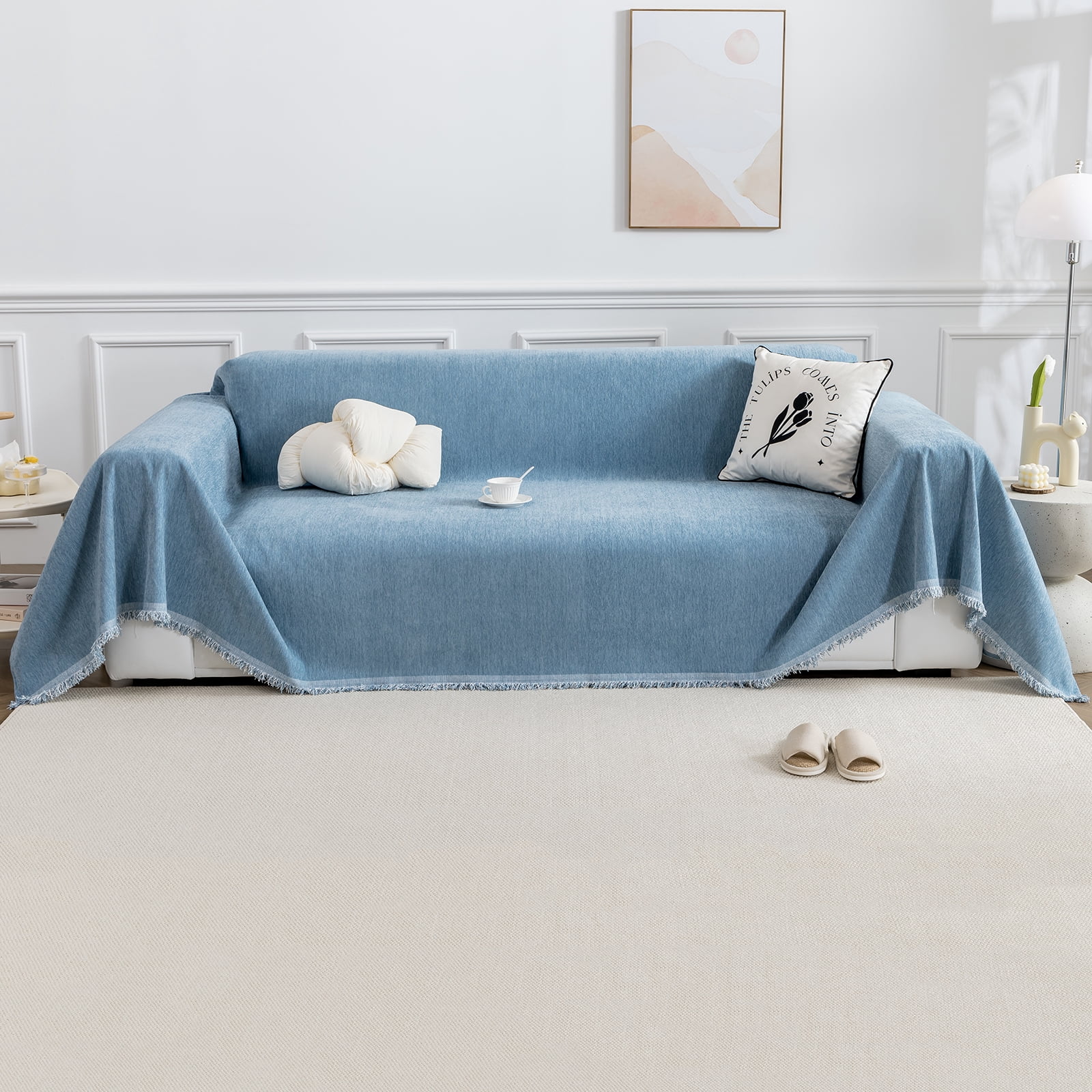 Lapalife 1 Piece Chenille Sofa Blanket Cover 71''x 134'' Soft Sofa Slipcover Chairs Sofas Bed Cover for Bedroom Living Room, Blue