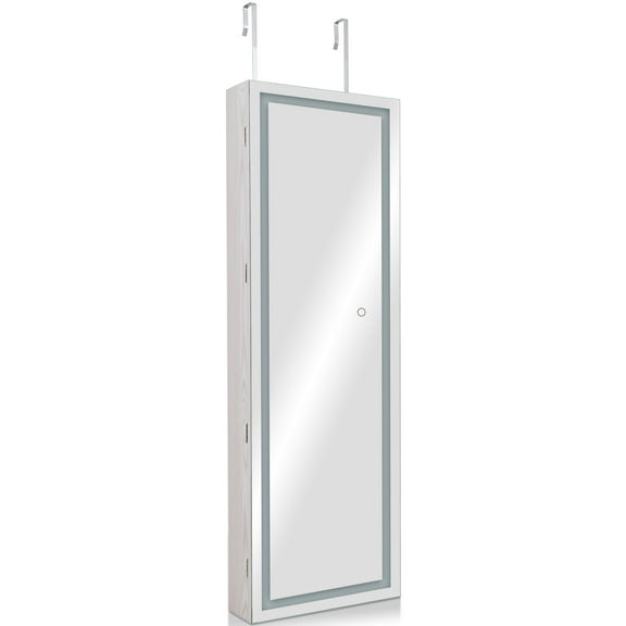 Patiojoy Lockable LED Mirrored Jewelry Cabinet Touch Sensor Lighting Full Length Mirror Organizer White