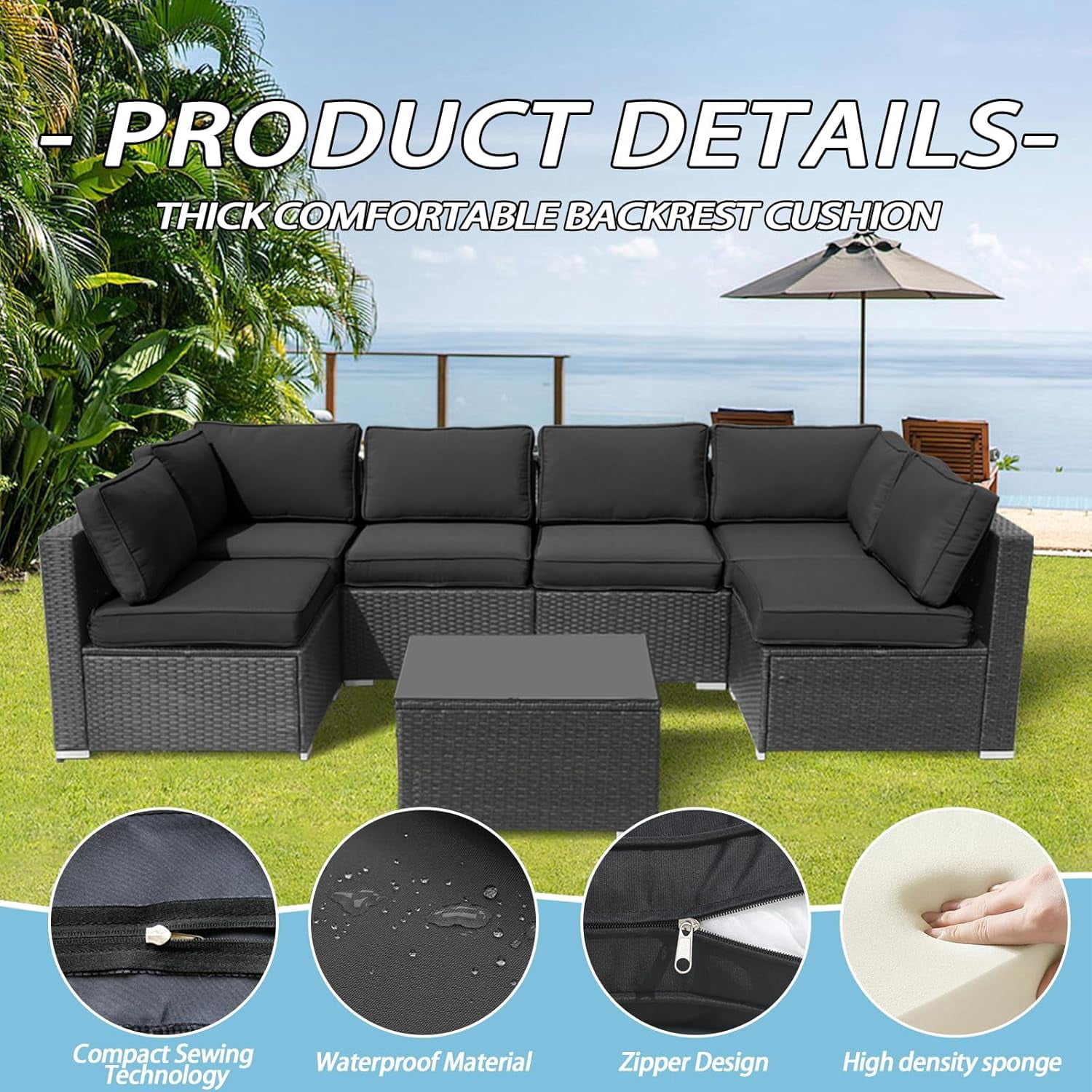 FKS LIFE Outdoor Replacement Cushions for Patio Furniture, Water-Resistant Sofa Cushion for 6-Seat Rattan Wicker Sectional Patio Conversation Sets, 14-Piece Cushions Set for Outdoor