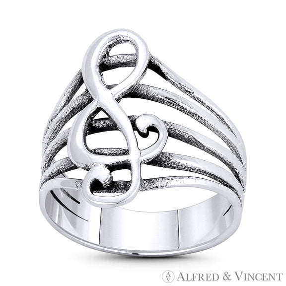 G-Clef Symbol & Musical Staff Charm Wide Right-Hand Statement Ring in Oxidized .925 Sterling Silver