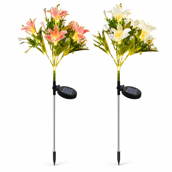 Rirool 2 Pack Solar Flower Lights, 28 LED Waterproof Garden Lights, Outdoor Decorative Solar Lily Lights for Yard, Pathway, Lawn, Camping Decor