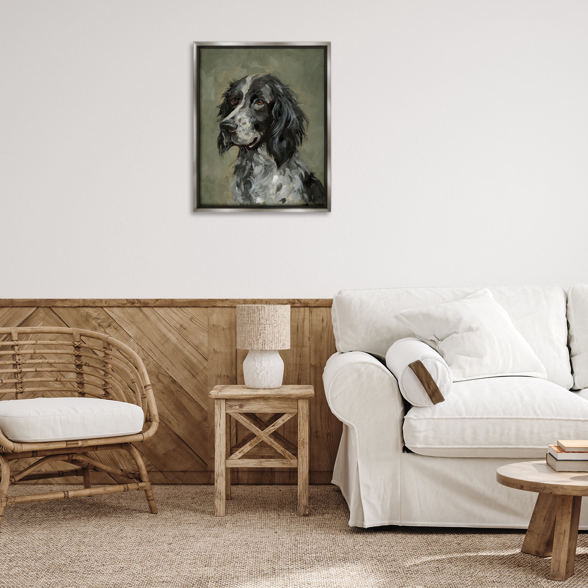 Stupell Industries Cocker Spaniel Portrait Animals & Insects Painting Gray Floater Framed Canvas Art Print Wall Art, 25 x 31