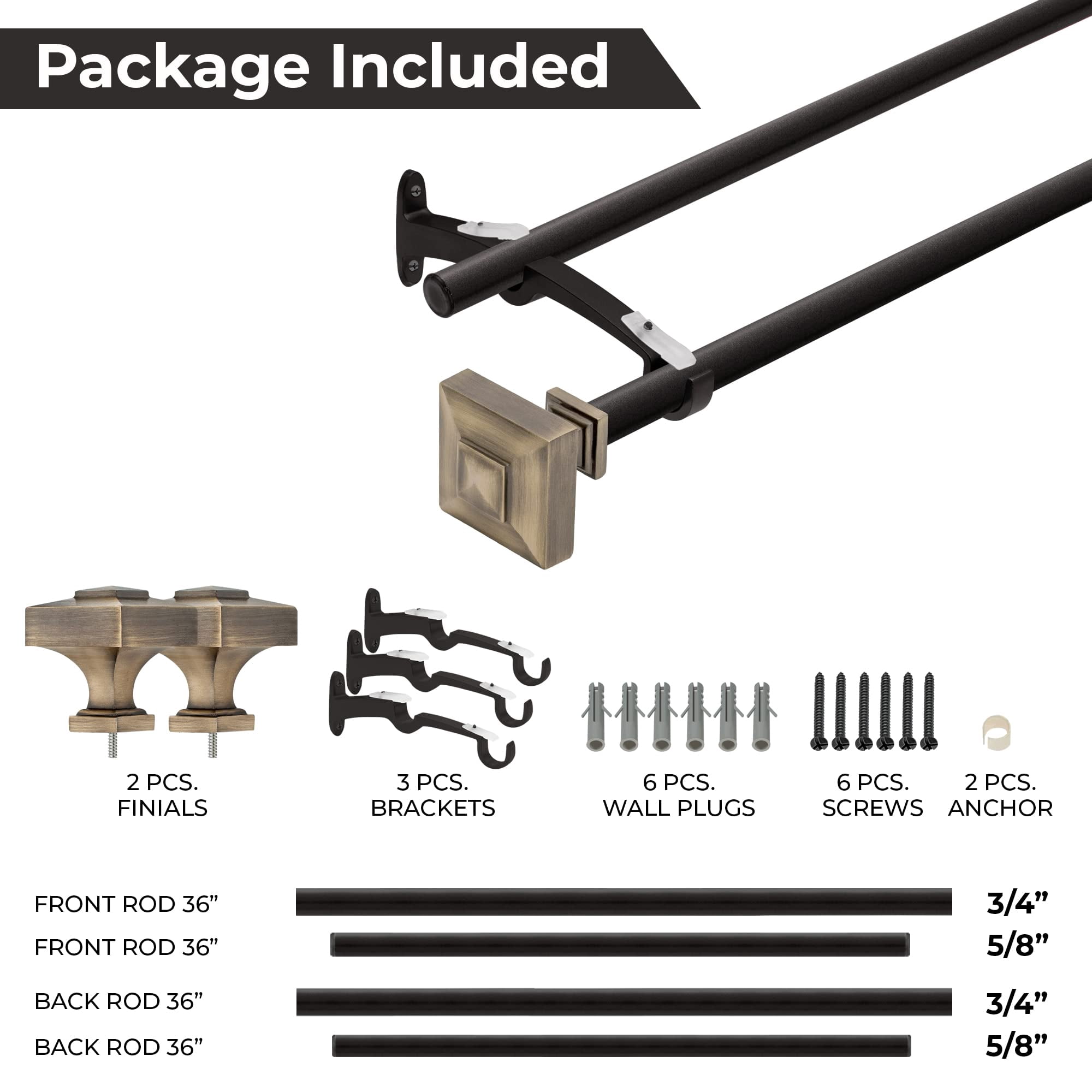 Deco Window 36 to 66 inches Extendable Double Curtain Rod for Door with Square Finials (19mm Dia, Antique Brass)