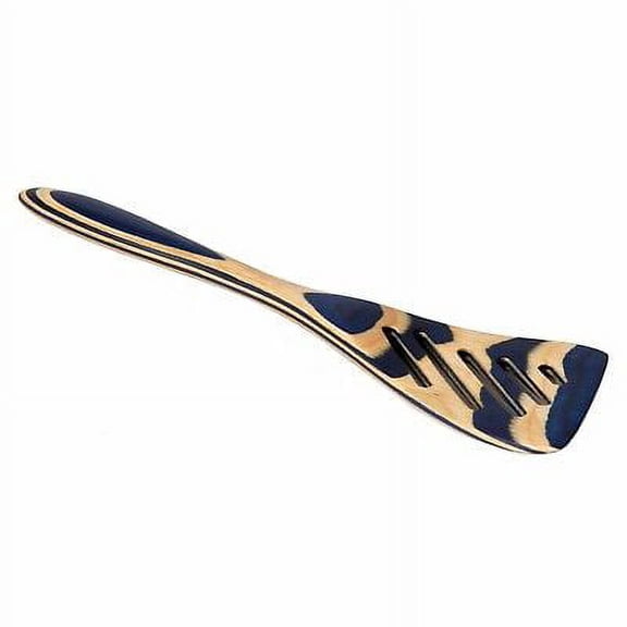 Island Bamboo 8" Blue Pakkawood Small Wooden Slotted Spatula / Turner