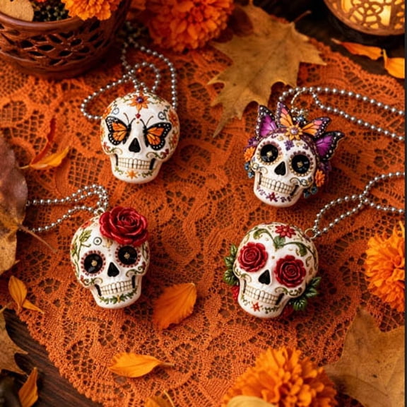 4PCS Day of the Dead Sugar Skull Ornaments, 2D Acrylic Hanging Decor for Halloween Altar Party Tree Decoration