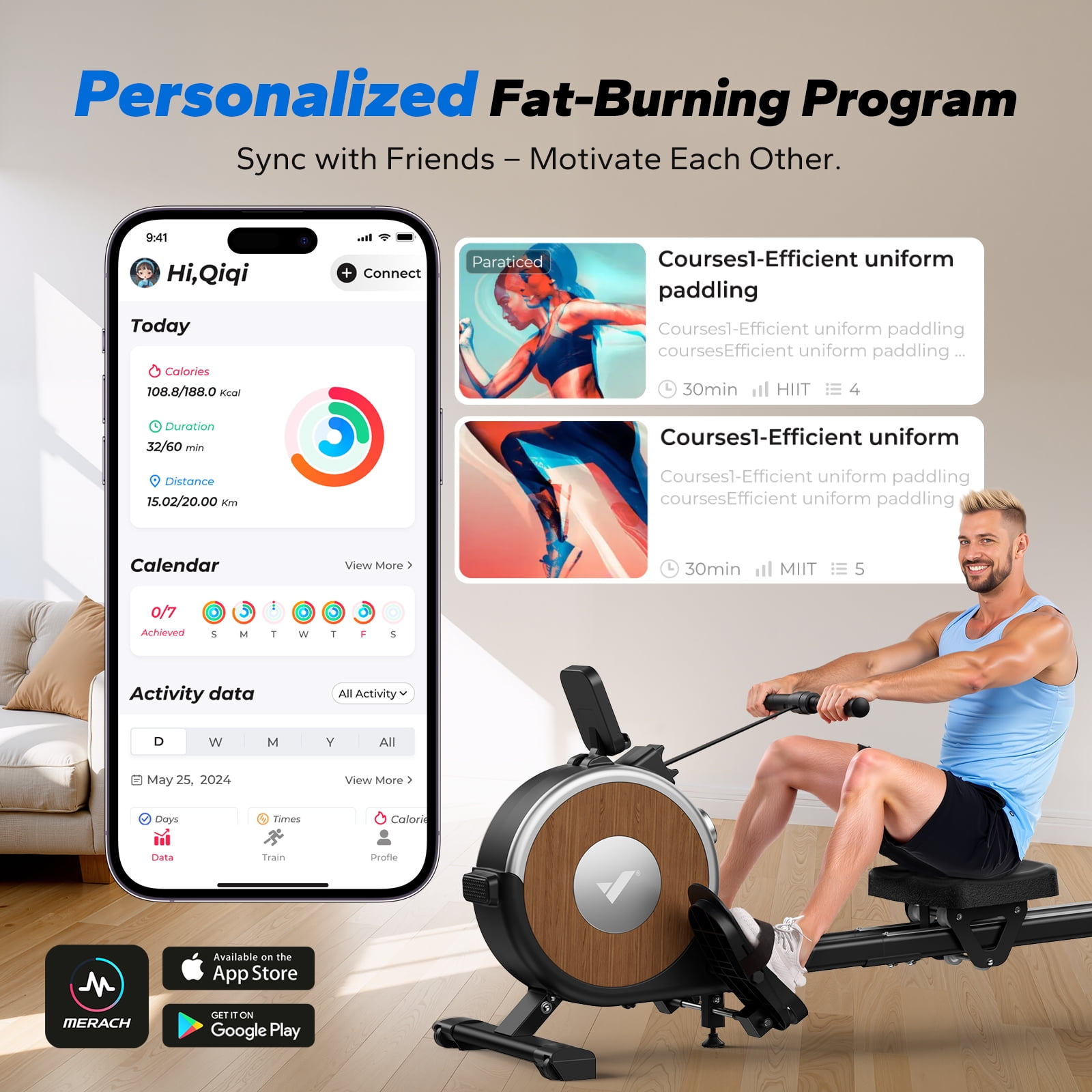 MERACH Self-Powered Rowing Machine, Magnetic Rower for Home Use, 16 Levels of Quiet Resistance, Dual Slide Rail, App Compatible, 350lb Weight Capacity