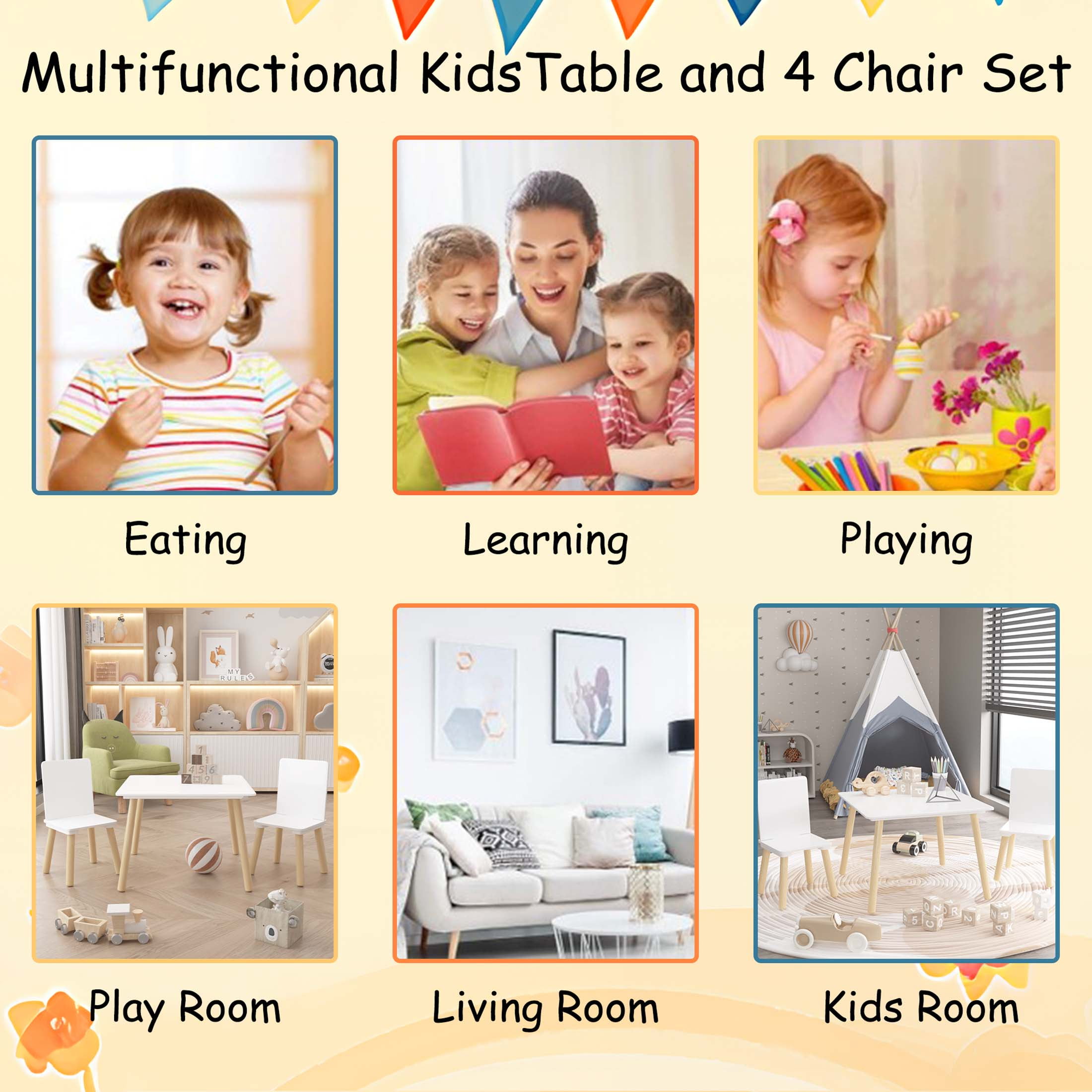 iRerts Kids Table and Chair Set, 3 Pieces Wood Kids Activity Table with 2 Chairs, Kids Play Table Set for 3-8 Year Old, Childrens Table and Chairs for Reading, Drawing, Jigsaw Puzzles