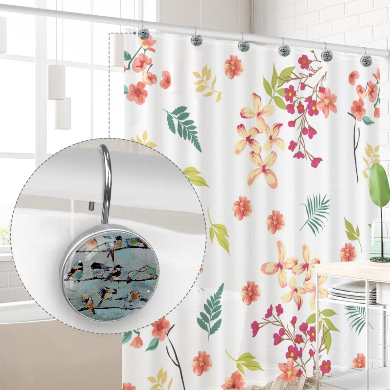 Birds Paintings Shower Curtain Hooks（Set of 12）for Home Hotel Shower Rods Bathroom Crystal Glass Print Stainless Steel Round Curtain Hooks