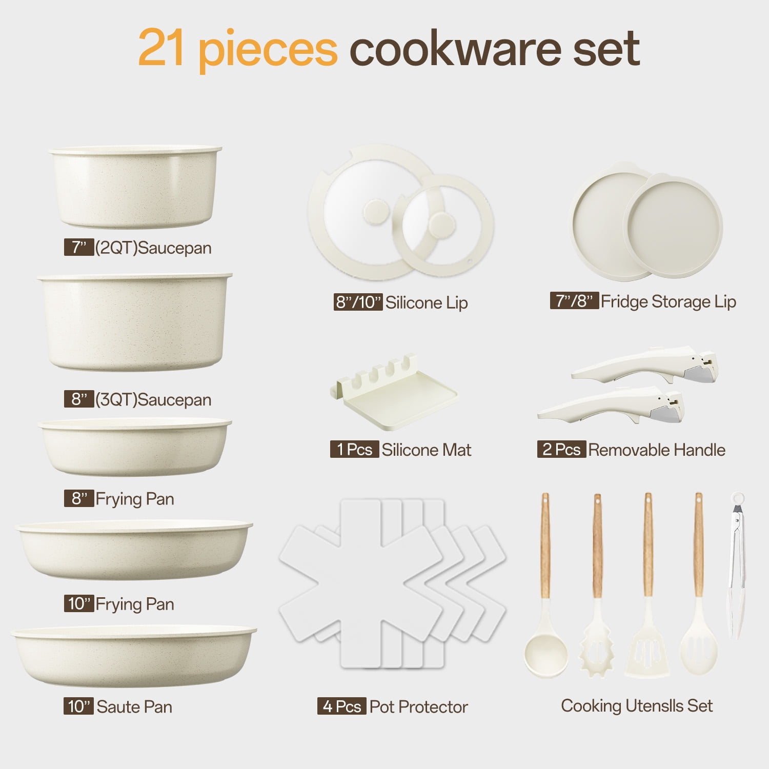 NULAS 21 Piece Pots and Pans Set Non Stick, Stackable RV Kitchen Cooking Set , Cookware Set with Detachable Handle, Dishwasher Safe,  Oven Safe, Cream White