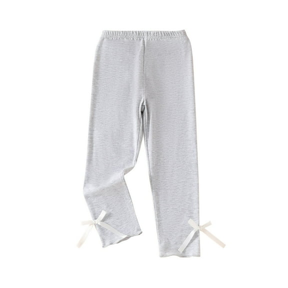 Odeerbi Kids Girls Cotton Thermal Bottoms Fall Winter Leggings Children's Solid Color Bow Pajama Pants Full Length Pants Kids Clothes Gray