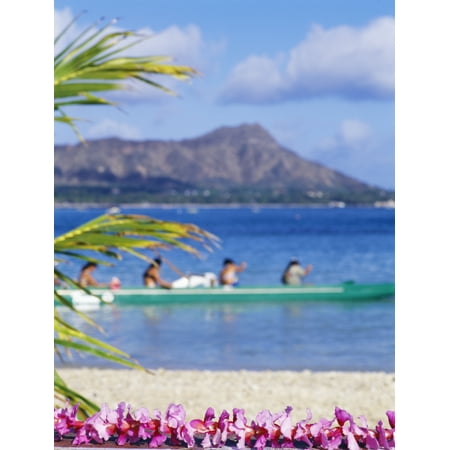 - Hawaii Oahu Waikiki Diamond Head Canoe Paddlers With Orchid Lei In The Foreground Canvas Art - Sri Rusden Design Pics (26 x 34)