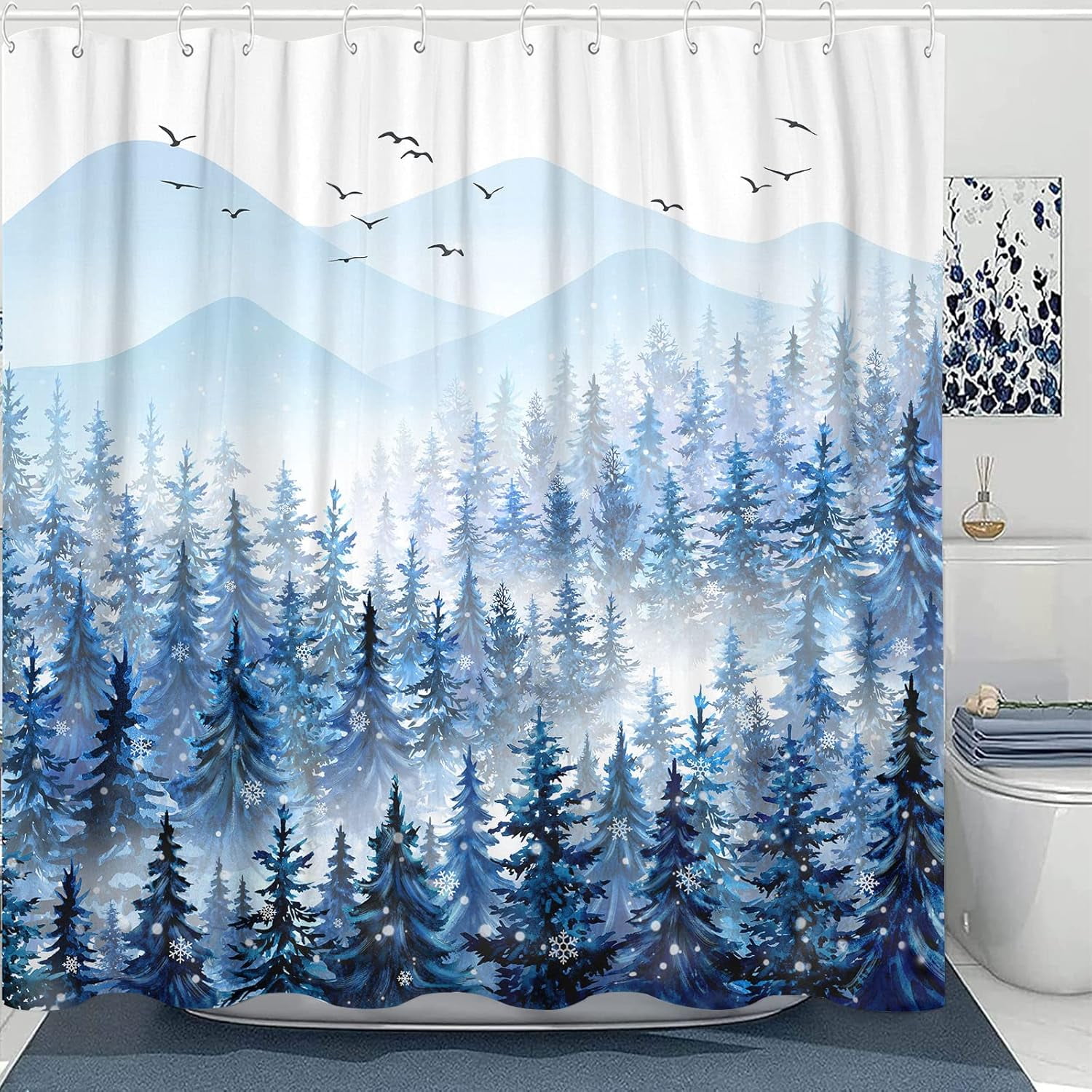 Winter Misty Forest Shower Curtain Christmas Snowflake Pine Tree Waterproof Fabric Shower Curtains for Bathroom Blue White Nature Mountain Xmas Snow Trees Bath Curtain Decor 72×72 Inches