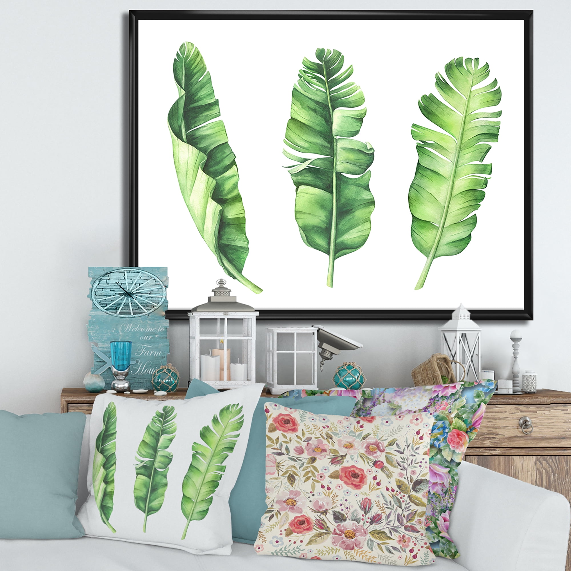 Designart 'Tropical Banana Leaves Set On White' Farmhouse Framed Canvas Wall Art Print