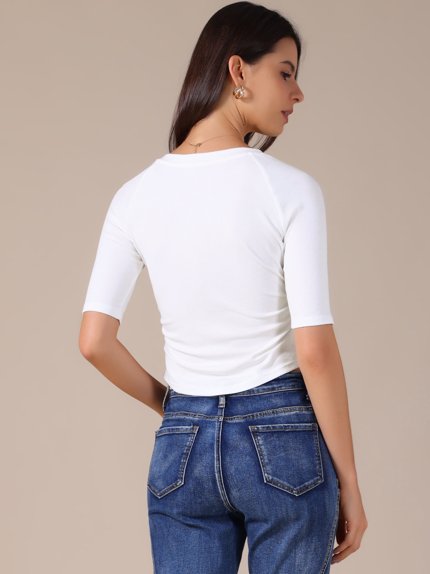 DARING DIVA Women's V Neck Short Sleeve Stretchy Lightweight Casual T-Shirt L White
