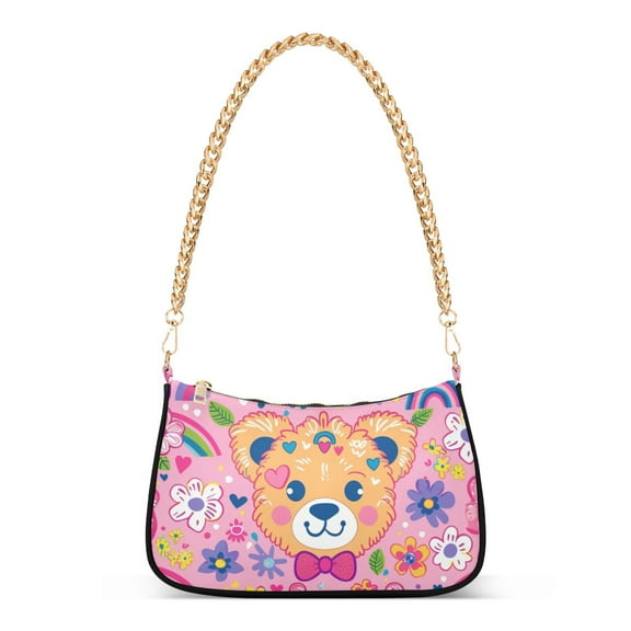 Pink Bears Face FlowersWomen Small Shoulder Bag Crossbody Tote Hobo Bags Purse Clutch Handbags with Chain Strap for Women