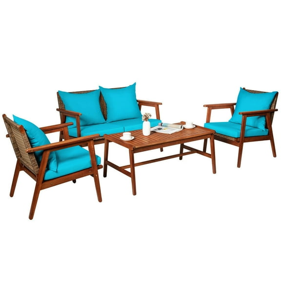 Gymax Fashion 4PCS Patio Conversation Set Wood Frame Furniture Set w/ Turquoise Cushions