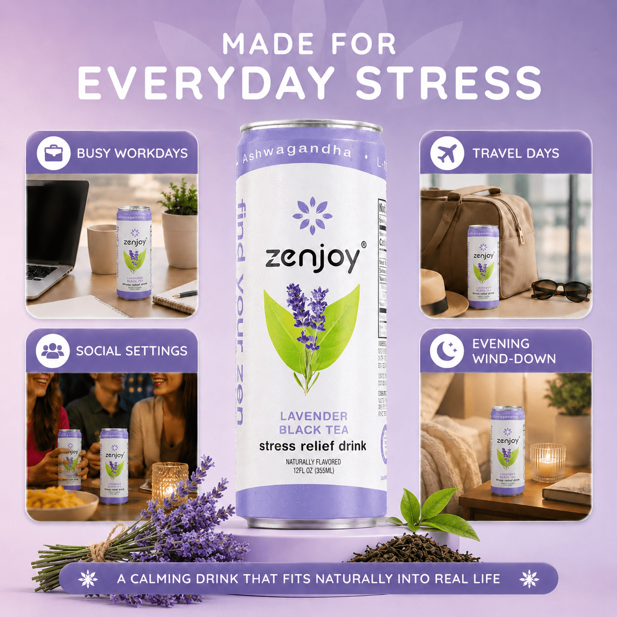 Zenjoy Stress Reief Drink, Calming Black Tea, Non Alcoholic, Ashwagandha & Lemon Balm for Stress Relief, L - Theanine for Focus (12 Pack) (Lavender)