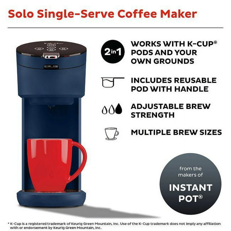 Instant Solo 2-in-1 Single Serve Coffee Maker for Ground Coffee or K-Cup  Pods with 3 Brew Sizes, Navy 