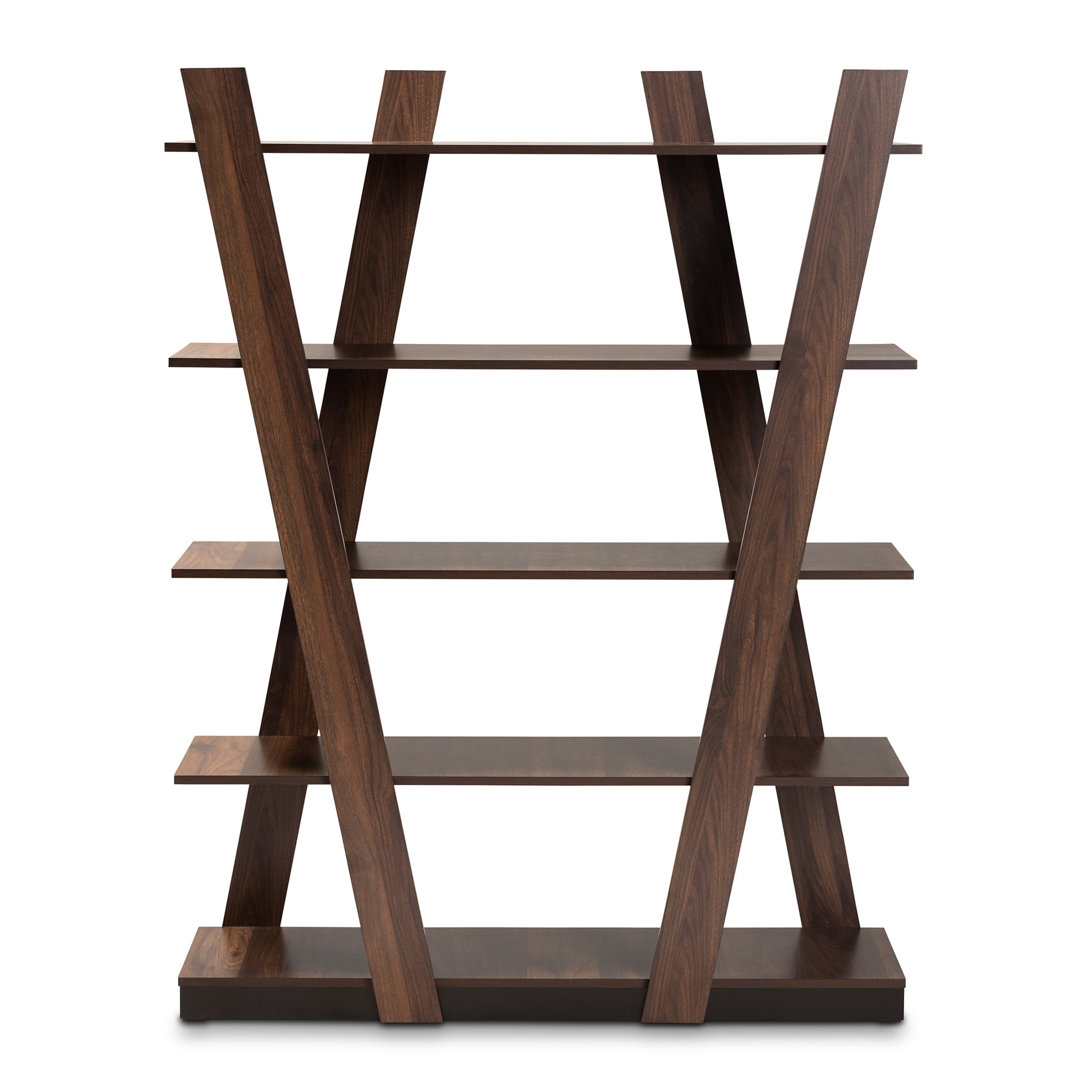 Baxton Studio Michio Modern and Contemporary Walnut Brown Finished 5-Tier Wood Geometric Living Room Display Shelf