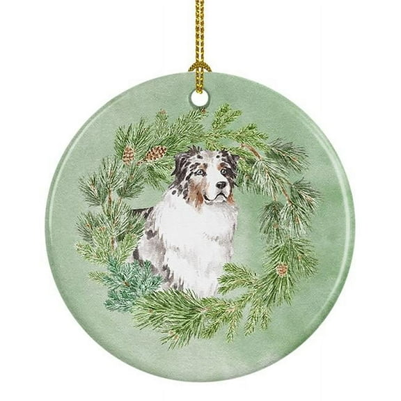 Australian Shepherd Blue Merle Longhaired Christmas Wreath Ceramic Ornament 2.8 in x 2.8 in