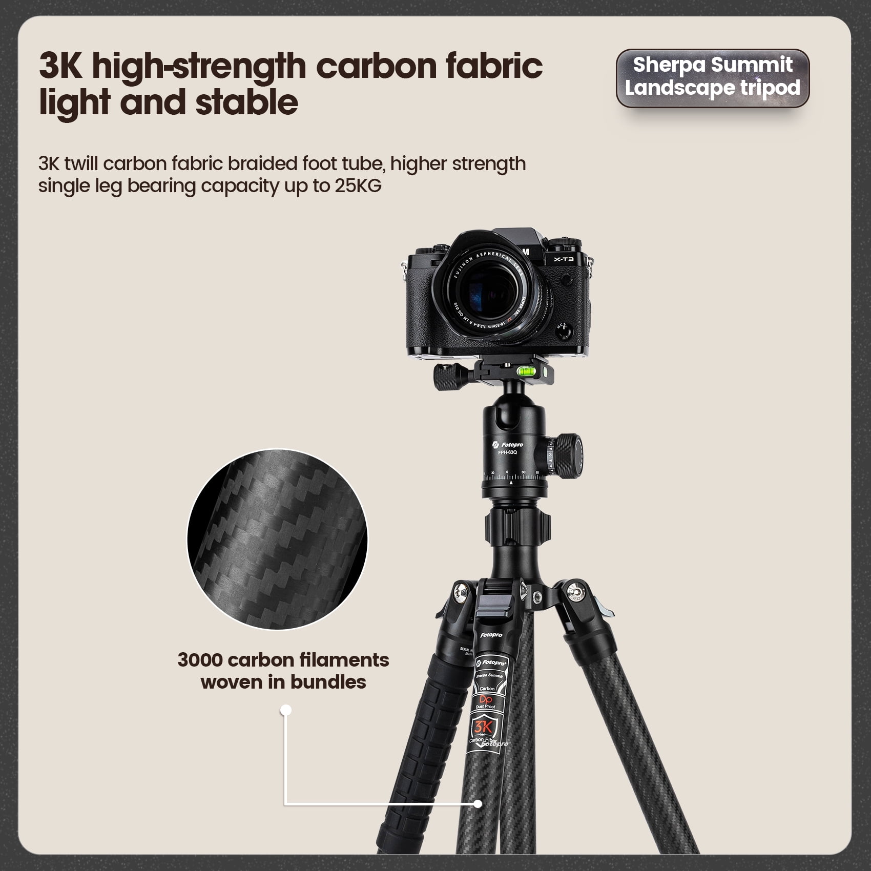 Fotopro 68.8" Carbon Fiber Travel Tripod with Ball Head, Lightweight Camera Tripod Stand for Video Recording, QR Plate, Hidden Phone Clip, Max Load 26.5 lbs, Converts to 72.4" Monopod, Sherpa Summit