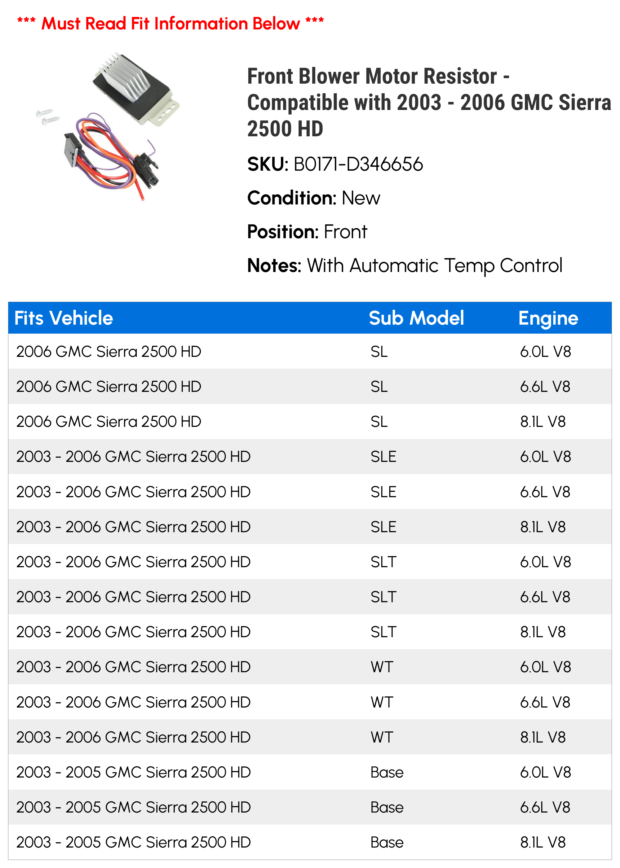 Blower Motor & Resistor Kit For 2003-2006 GMC Sierra 2500/3500 HD - Front Heater/AC Fan