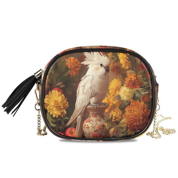 Womens Casual Chain Shoulder Bag Simple style Cockatoo with Colorful Flowers Crossbody Bag